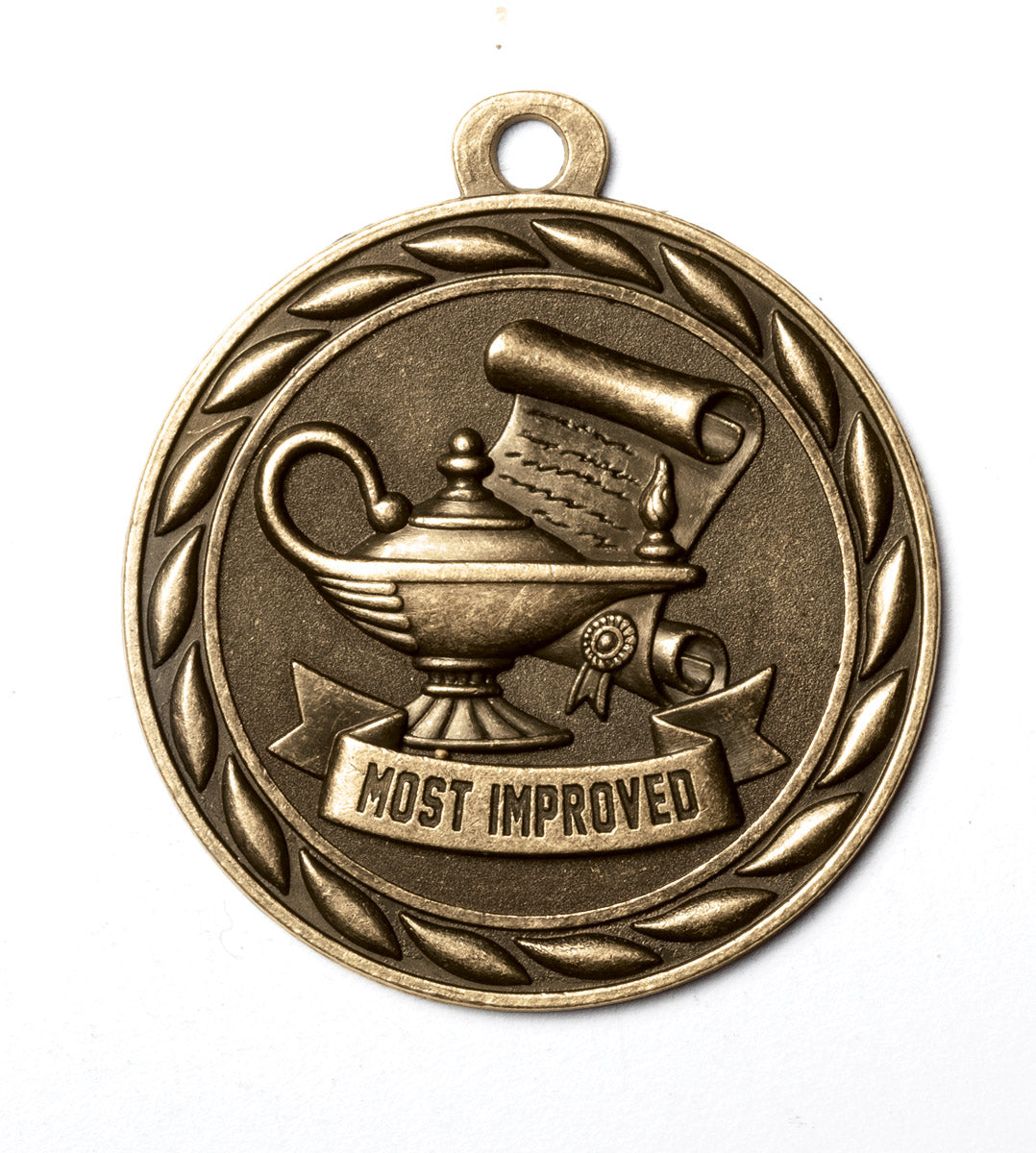 Metal 2-Inch in Diameter Round Improvement Medal with Customizable Back in Antique Brass