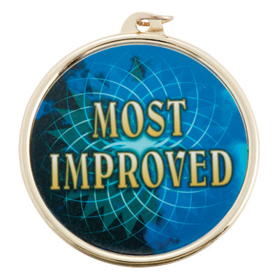 2-1/4 Inch in Diameter Round Gold and Mylar 'Most Improved' Medal with Customizable Back