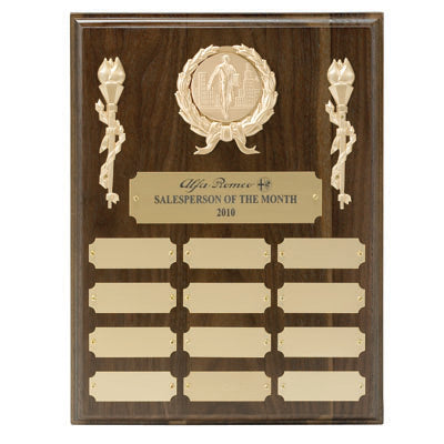 9 X 12 INCH MULTIPLE PLATE WALNUT FINISH PLAQUE WITH 12 GOLD PLATES, TAKES 2 INCH MEDALLION INSERT