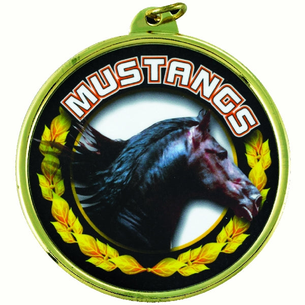 2-1/4 Inch in Diameter Round Gold and Mylar Sports Medal with 'Mustangs' Theme and Customizable Back