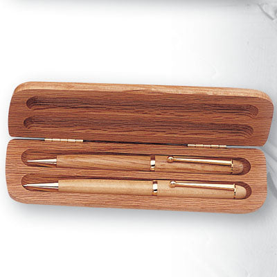 OAK BOX WITH PEN & PENCIL SET
