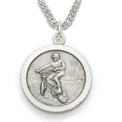 3/4 Inch Mens Off-Road Bike Themed St. Christopher Medal in Sterling Silver