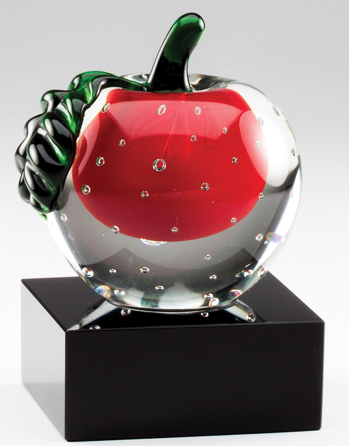 5 X 3-1/2 INCH OPTICAL APPLE CRYSTAL AWARD TROPHY ON BLACK BASE