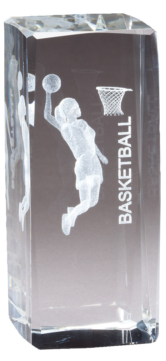 4 1/2 INCH X 2 INCH CRYSTAL AWARD FEMALE BASKETBALL FIGURE LASER ENGRAVED INSIDE CRYSTAL