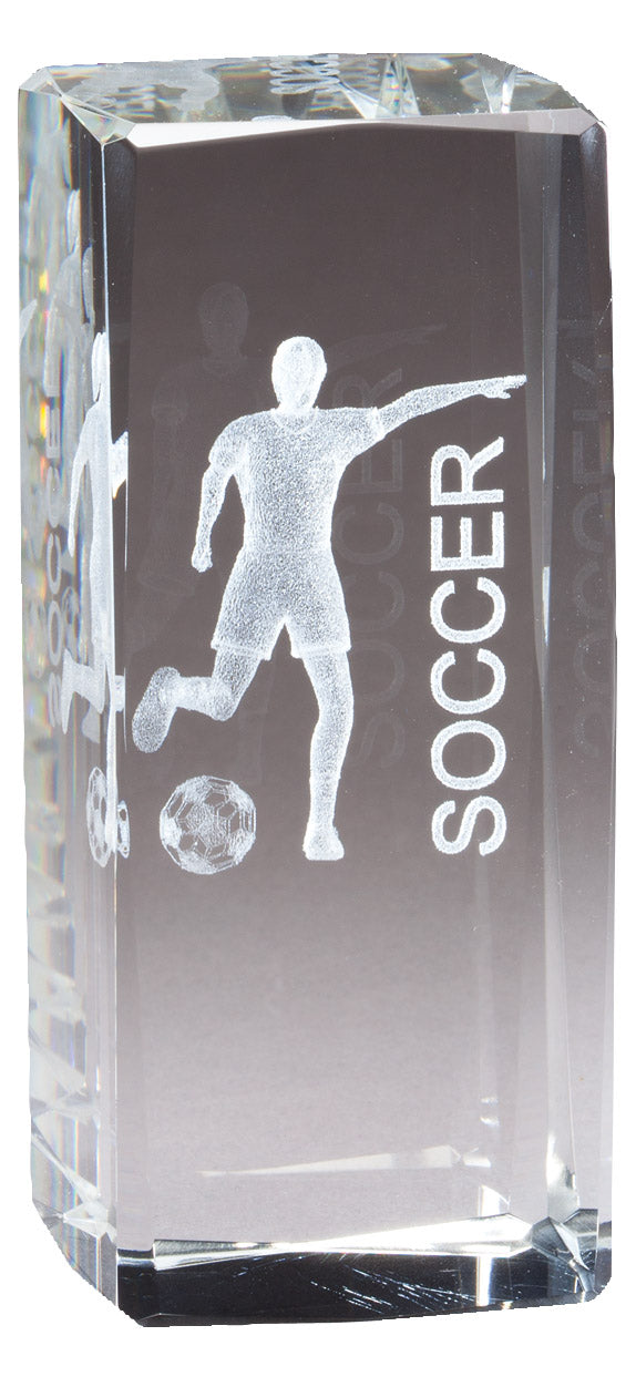 4 1/2 INCH X 2 INCH CRYSTAL AWARD FEMALE SOCCER FIGURE LASER ENGRAVED INSIDE CRYSTAL