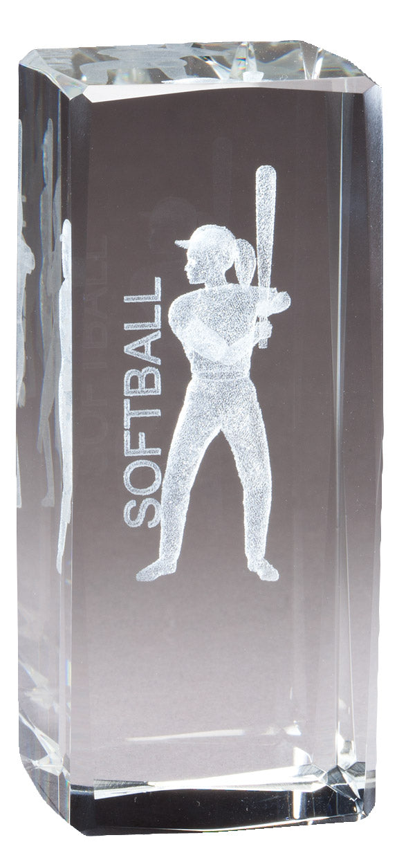 4 1/2 INCH X 2 INCH CRYSTAL AWARD FEMALE SOFTBALL FIGURE LASER ENGRAVED INSIDE CRYSTAL