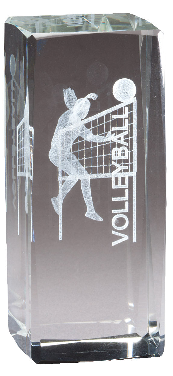 4 1/2 INCH X 2 INCH CRYSTAL AWARD FEMALE VOLLEYBALL FIGURE LASER ENGRAVED INSIDE CRYSTAL