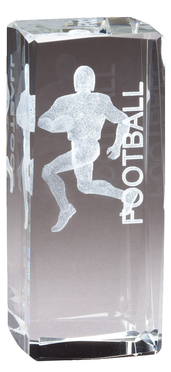 4.5 INCH X 2 INCH CRYSTAL AWARD FOOTBALL PLAYER LASER ENGRAVED INSIDE CRYSTAL