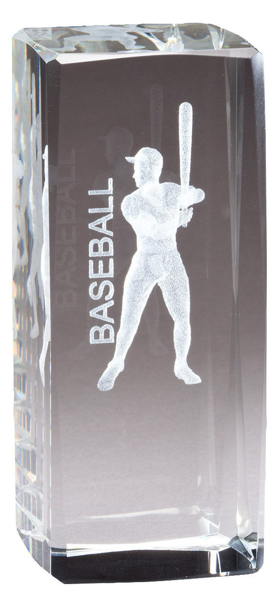 4.5 INCH X 2 INCH CRYSTAL AWARD MALE BASEBALL BATTER FIGURE LASER ENGRAVED INSIDE CRYSTAL