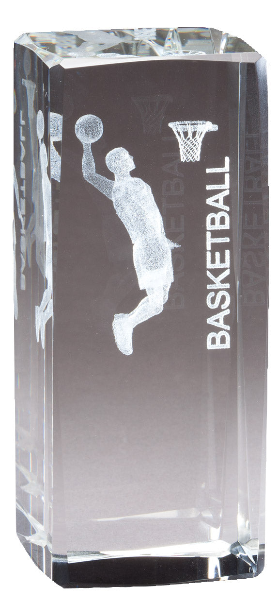 4 1/2 INCH X 2 INCH CRYSTAL AWARD MALE BASKETBALL FIGURE LASER ENGRAVED INSIDE CRYSTAL
