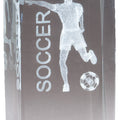 4 1/2 INCH X 2 INCH CRYSTAL AWARD MALE SOCCER FIGURE LASER ENGRAVED INSIDE CRYSTAL