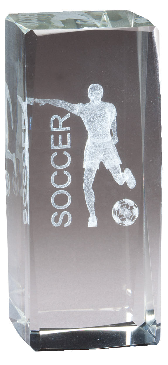 4 1/2 INCH X 2 INCH CRYSTAL AWARD MALE SOCCER FIGURE LASER ENGRAVED INSIDE CRYSTAL