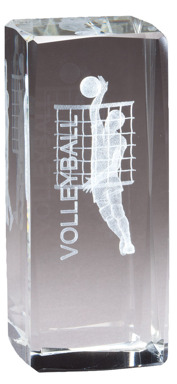 4 1/2 INCH X 2 INCH CRYSTAL AWARD MALE VOLLEYBALL FIGURE LASER ENGRAVED INSIDE CRYSTAL