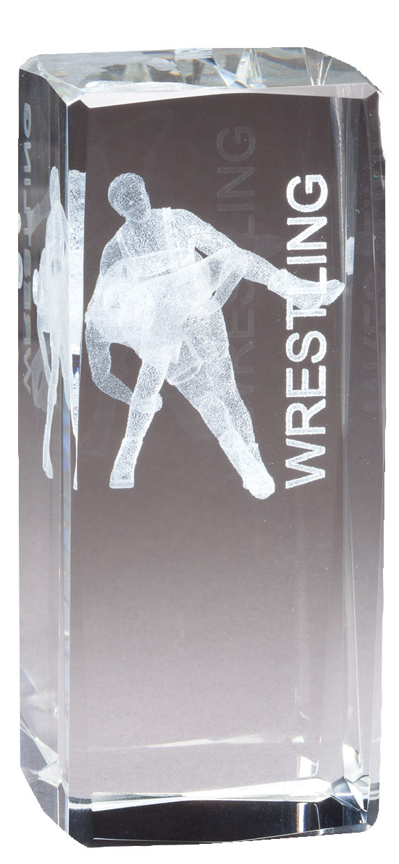 4 1/2 INCH X 2 INCH CRYSTAL AWARD MALE WRESTLER FIGURE LASER ENGRAVED INSIDE CRYSTAL