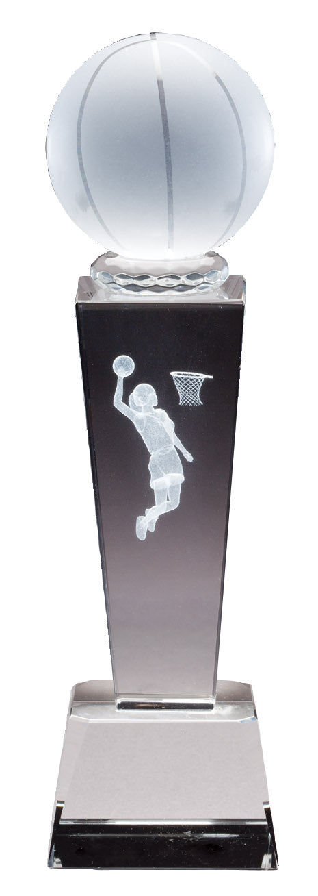 8 3/4 INCH X 2 1/2 INCH CRYSTAL FEMALE BASKETBALL TROPHY WITH LASER ENGRAVED FIGURE INSIDE CRYSTAL