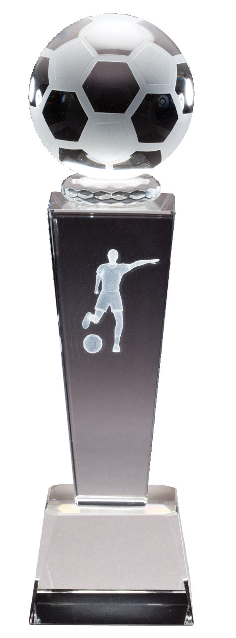 8 3/4 INCH x 2 1/2 INCH CRYSTAL FEMALE SOCCER TROPHY WITH LASER ENGRAVED FIGURE INSIDE CRYSTAL