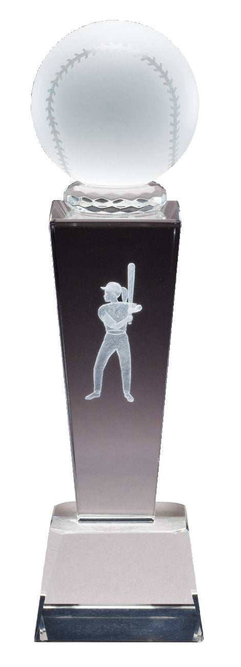 8 3/4 INCH X 2 1/2 INCH CRYSTAL FEMALE SOFTBALL TROPHY WITH LASER ENGRAVED FIGURE INSIDE CRYSTAL