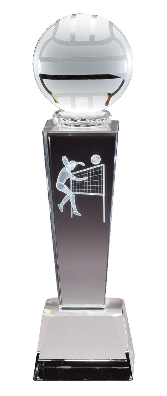 8 3/4 INCH X 2 1/2 INCH CRYSTAL FEMALE VOLLEYBALL TROPHY WITH LASER ENGRAVED FIGURE INSIDE CRYSTAL