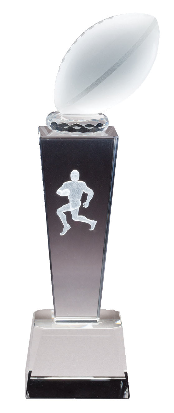 8 3/4 INCH X 2 1/2 INCH CRYSTAL FOOTBALL TROPHY WITH LASER ENGRAVED FIGURE INSIDE CRYSTAL
