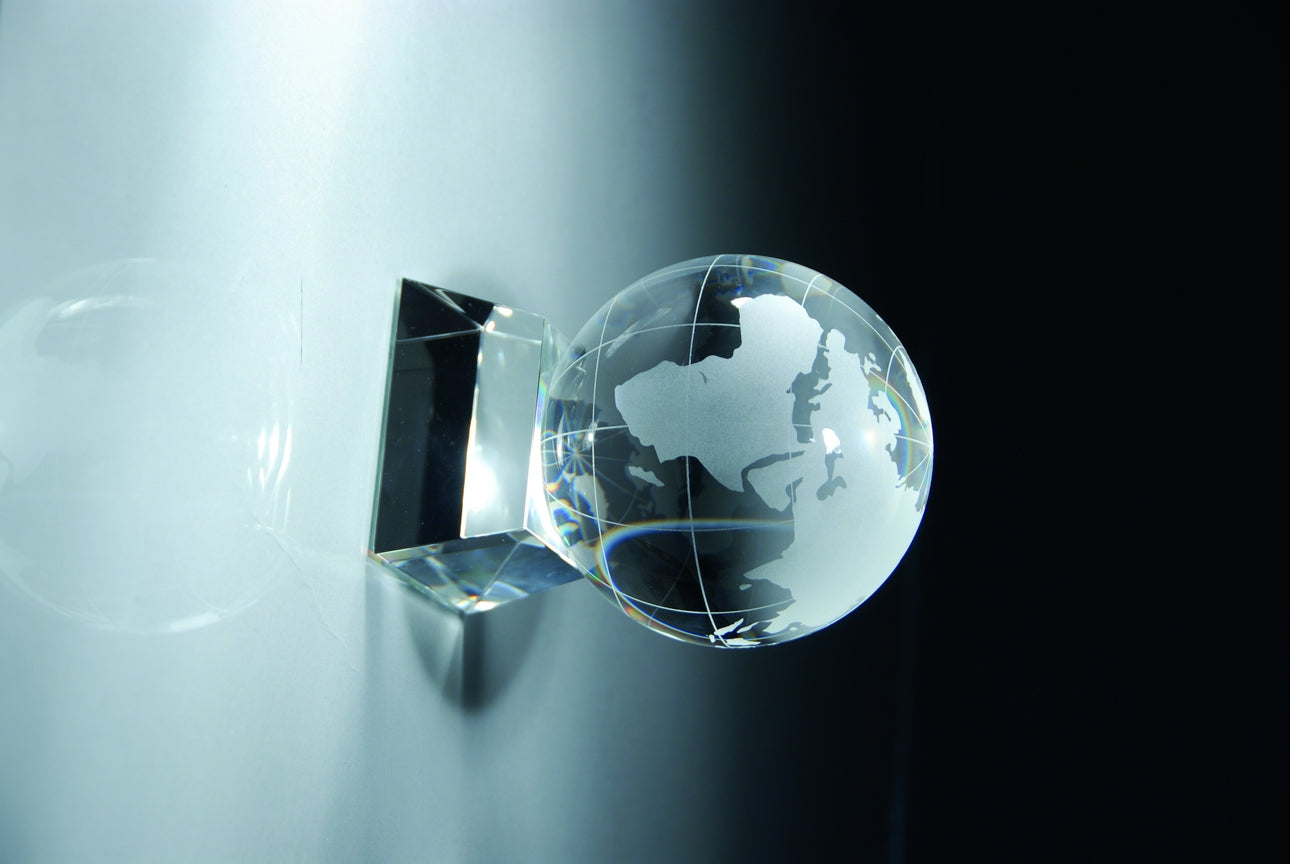 OPTICAL CRYSTAL GLOBE AWARD GIFT BOXED. 4 INCH GLOBE 4 INCH X 6 INCH OVER ALL SIZE