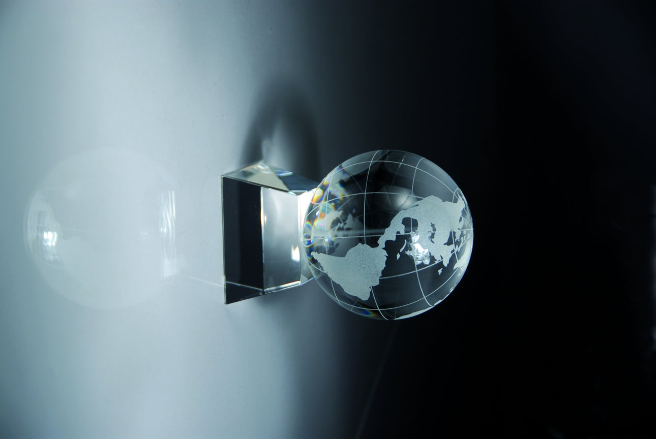 OPTICAL CRYSTAL GLOBE AWARD GIFT BOXED. SIZE 3 INCH GLOBE 3 INCH X 4 1/2