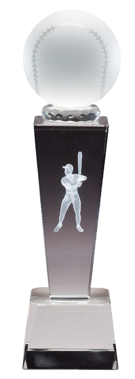 8 3/4 INCH X 2 1/2 INCH CRYSTAL MALE BASEBALL TROPHY WITH LASER ENGRAVED FIGURE INSIDE CRYSTAL