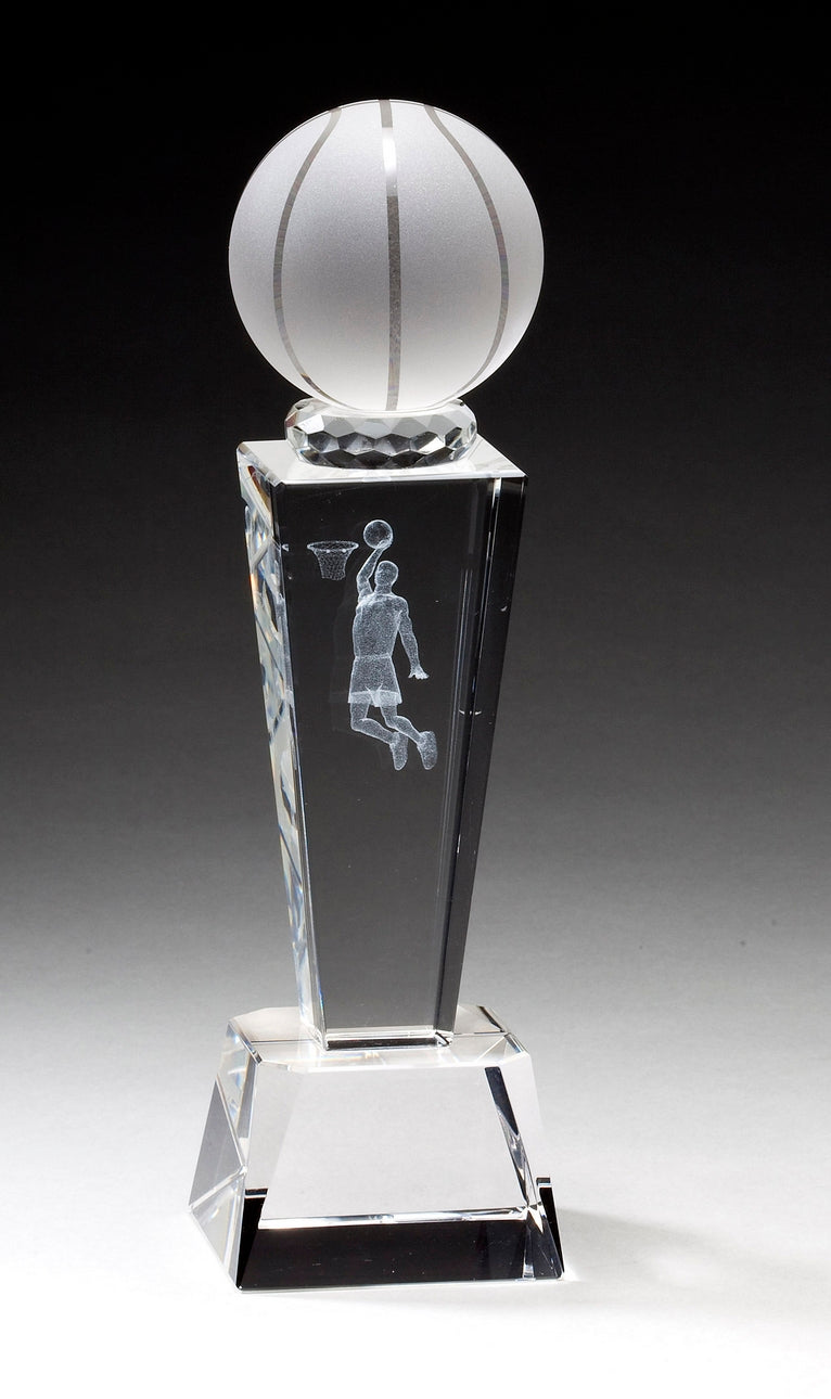8 3/4 INCH 2 1/2 INCH CRYSTAL MALE BASKETBALL TROPHY WITH LASER ENGRAVED FIGURE INSIDE CRYSTAL