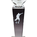 8 3/4 INCH X 2 1/2 INCH CRYSTAL MALE SOCCER TROPHY WITH LASER ENGRAVED FIGURE INSIDE CRYSTAL