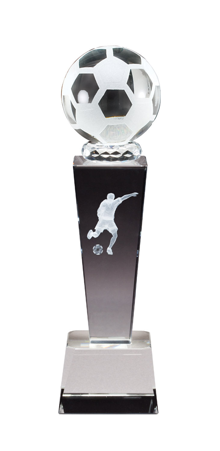 8 3/4 INCH X 2 1/2 INCH CRYSTAL MALE SOCCER TROPHY WITH LASER ENGRAVED FIGURE INSIDE CRYSTAL