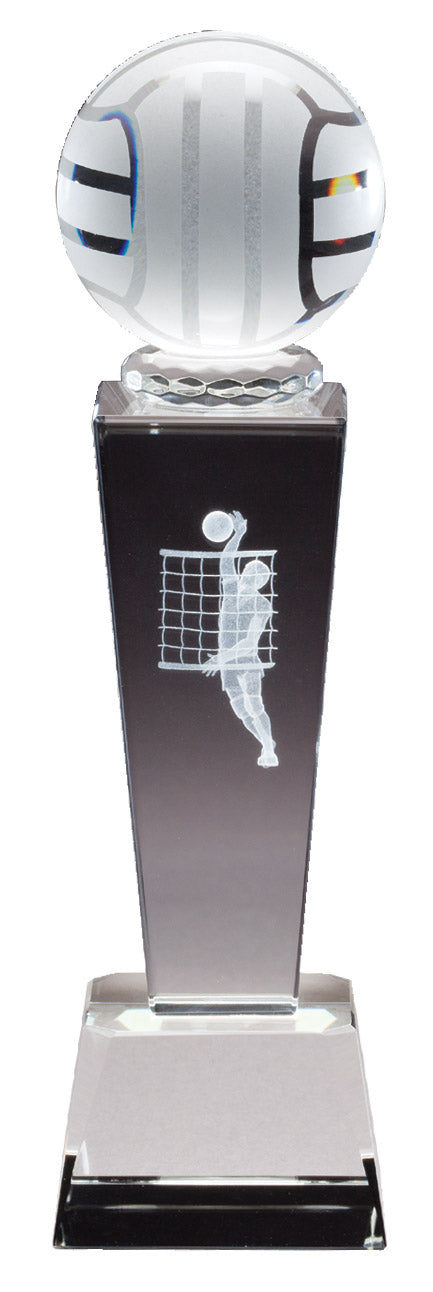 8 3/4 INCH X 2 1/2 INCH CRYSTAL MALE VOLLEYBALL TROPHY LASER ENGRAVED FIGURE INSIDE CRYSTAL