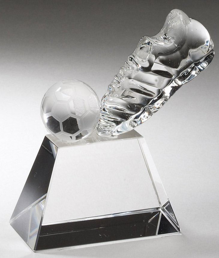 4 INCH X 4 INCH CRYSTAL SOCCER SHOE AND BALL ON CRYSTAL BASE