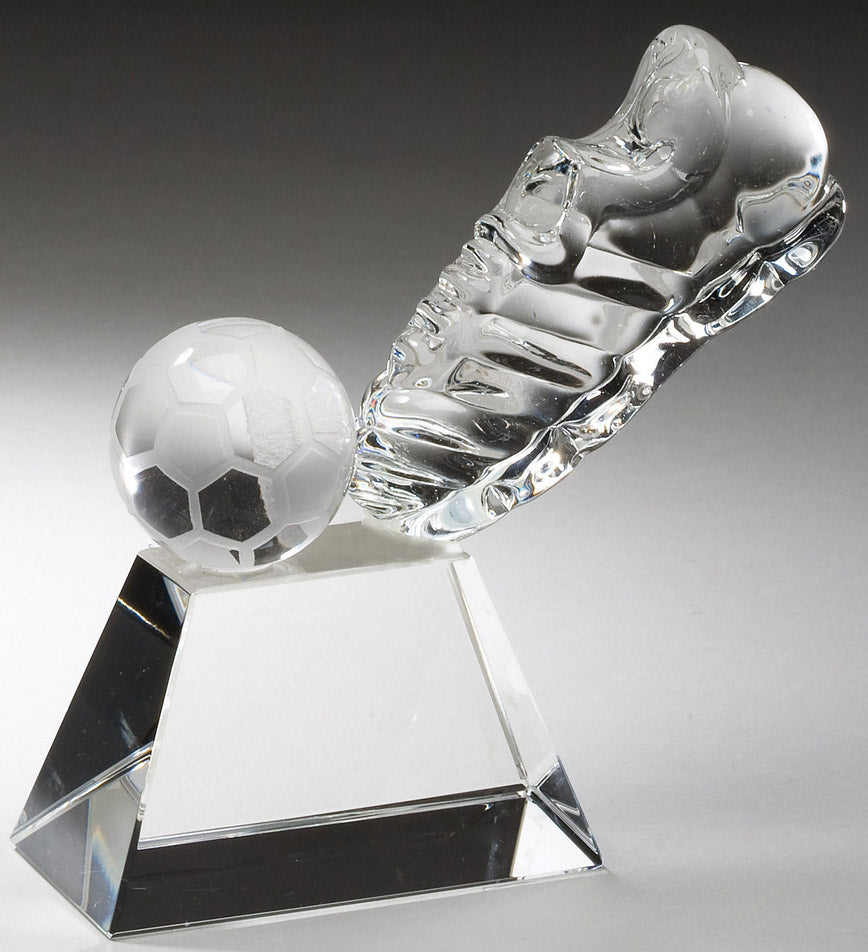 5 1/2 INCH X 5 INCH CRYSTAL SOCCER SHOE AND BALL ON CRYSTAL BASE