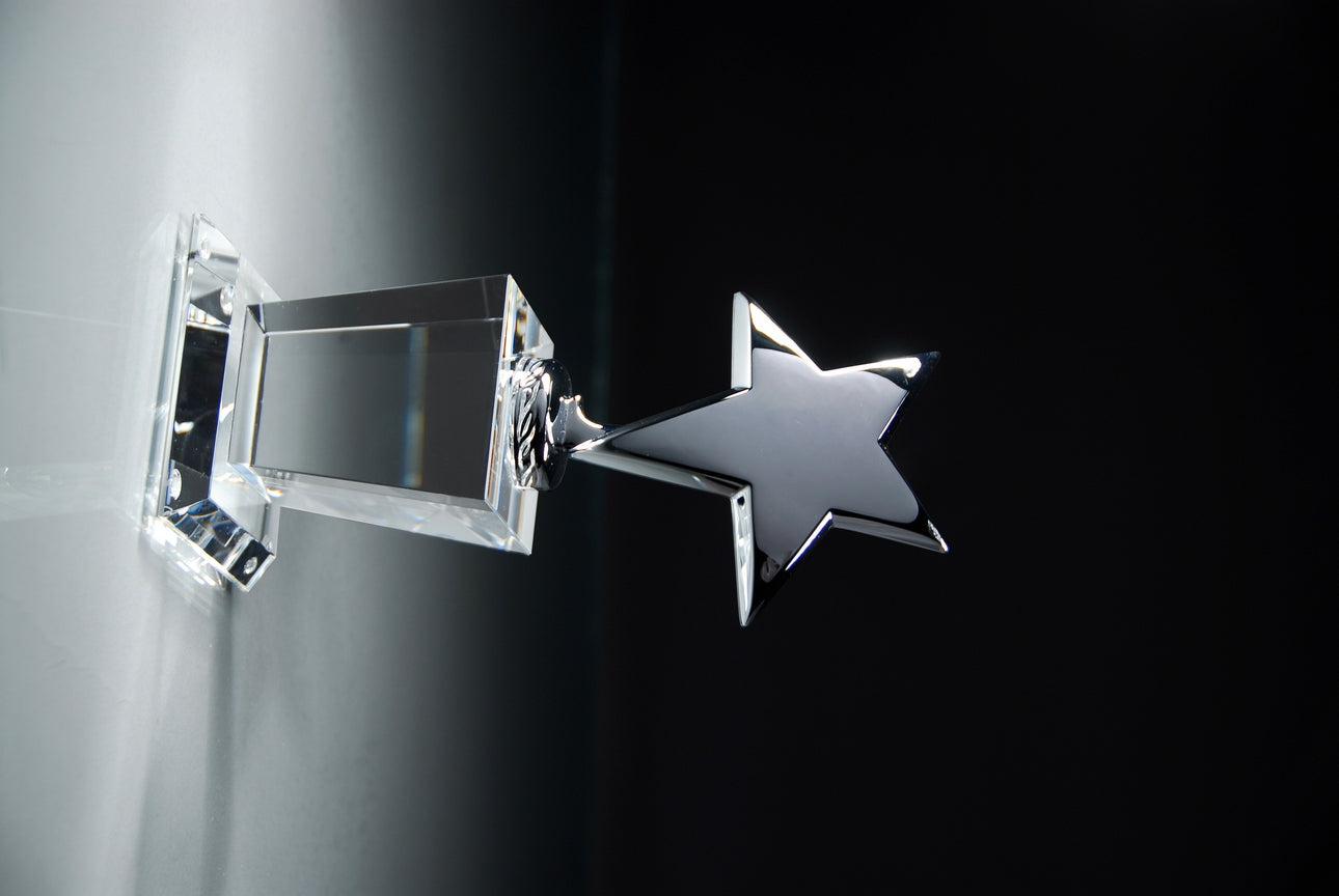 OPTICAL CRYSTAL TROPHY WITH POLISHED METAL SILVER STAR GIFT BOXED SIZE 3 INCH X 7 1/2 INCH WITH SILVER PLATE FOR ENGRAVING