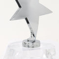 OPTICAL CRYSTAL TROPHY WITH POLISHED METAL SILVER STAR. GIFT BOXED SIZE 4 1/2 INCH X 5 3/4 INCH WITH SILVER PLATE FOR ENGRAVING