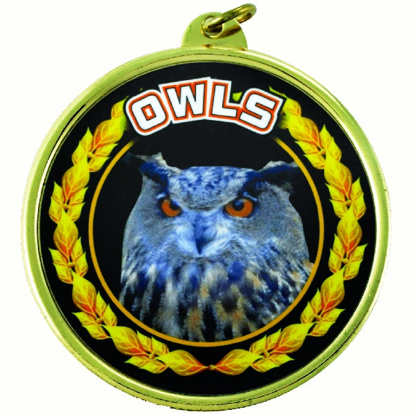 2-1/4 Inch in Diameter Round 'Owls' Themed Gold and Mylar Sports Medal with Customizable Back