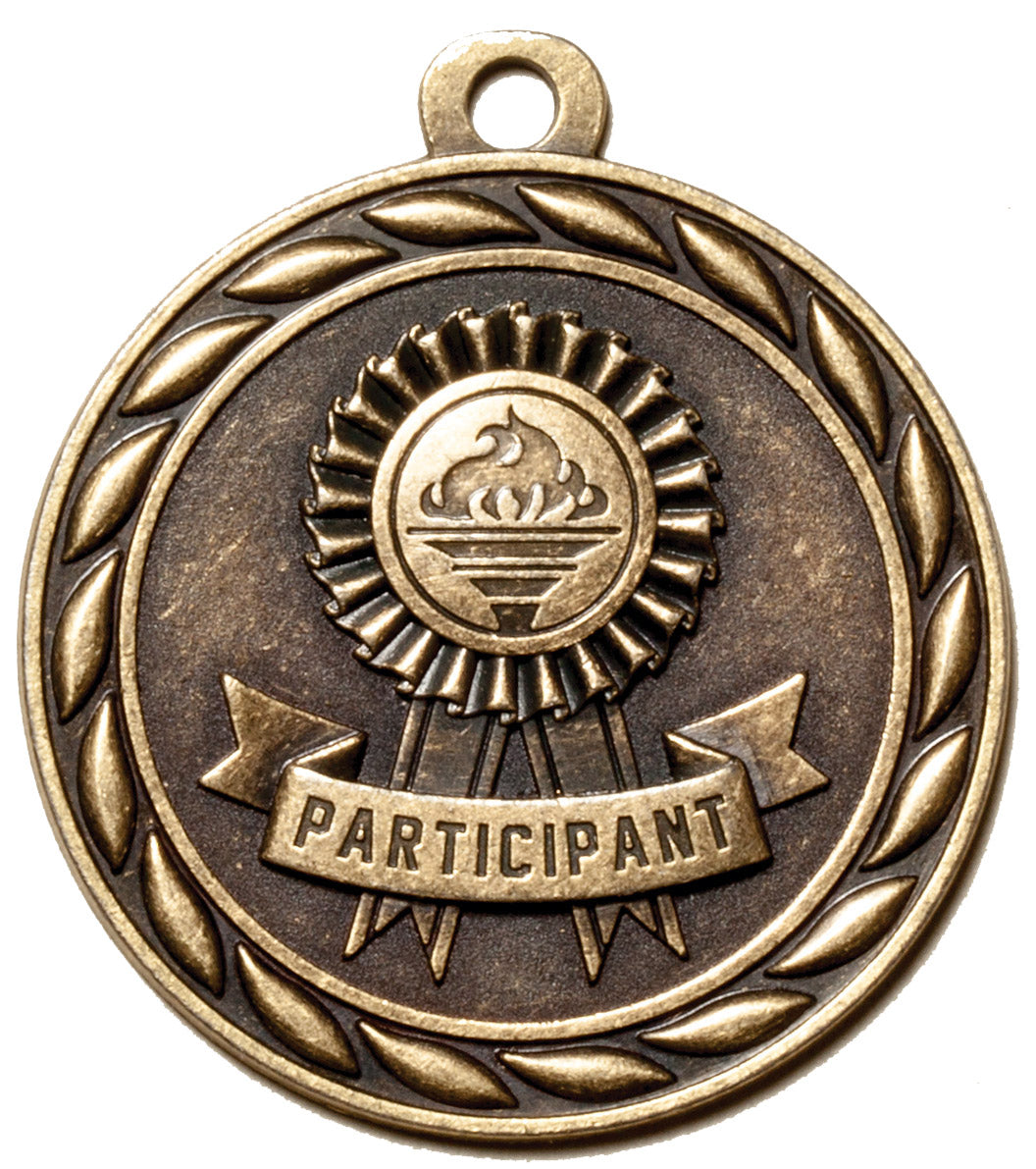 Metal 2-Inch in Diameter Round Participant Medal with Customizable Back in Antique Brass