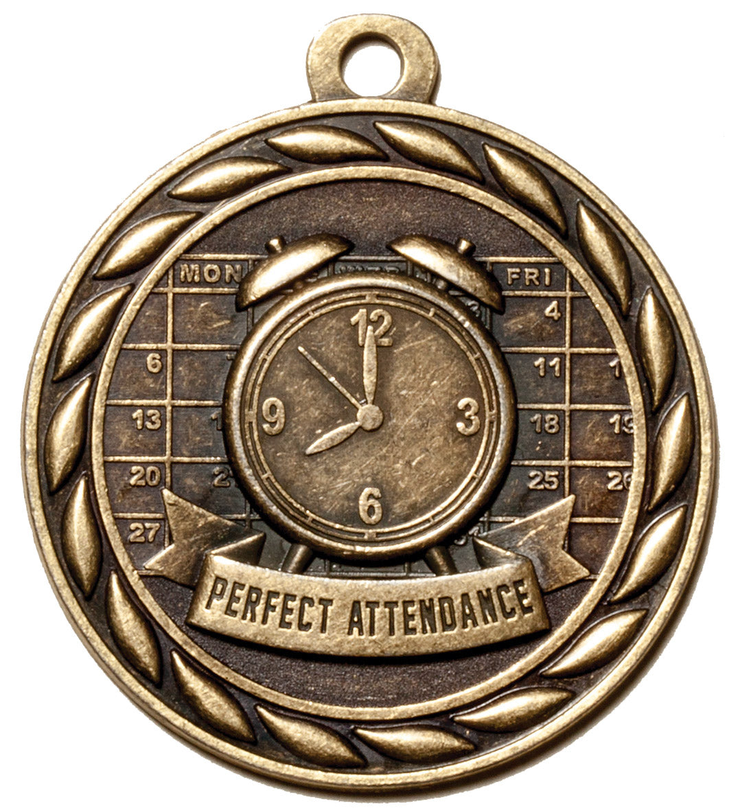 Metal 2-Inch in Diameter Round Perfect Attendance Medal with Customizable Back in Antique Brass