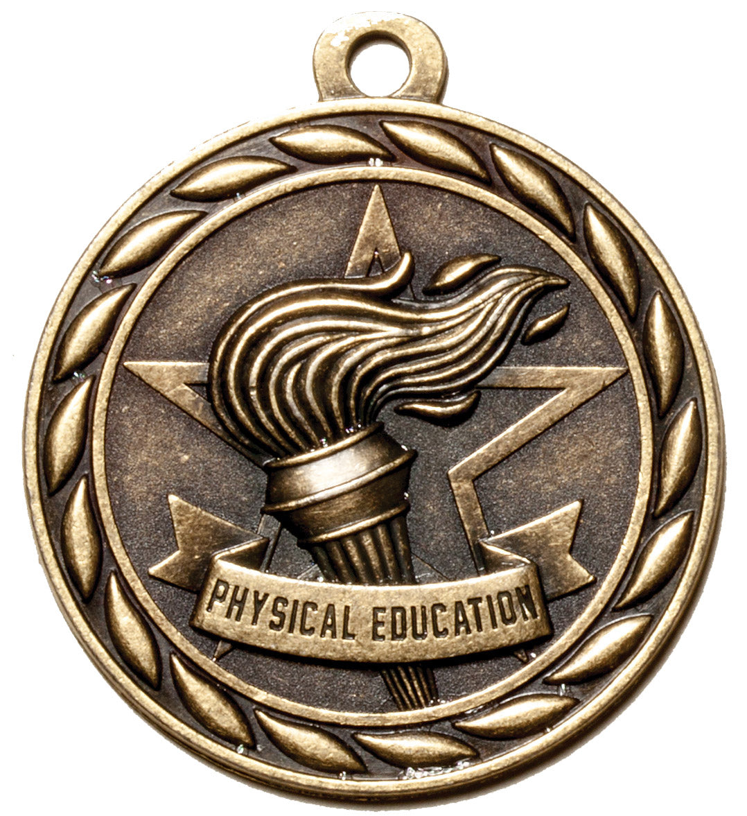 Metal 2-Inch in Diameter Round Physical Education Medal with Customizable Back in Antique Brass