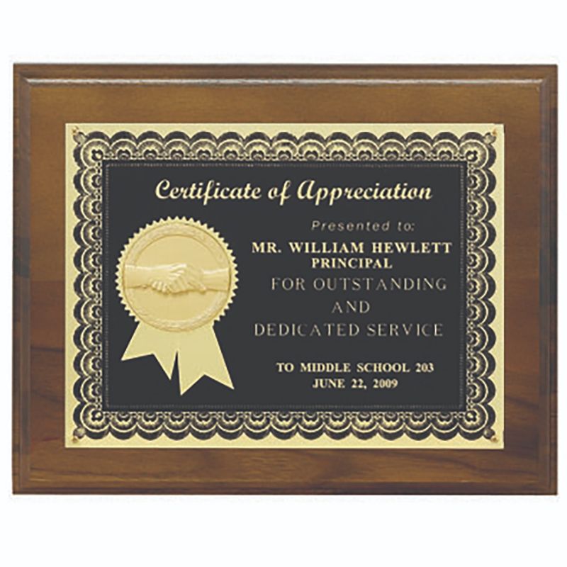 8 x 10 Inch Walnut Finish Plaque with Black Plate, Gold Ribbon, and Trim-Takes 2 Inch Insert