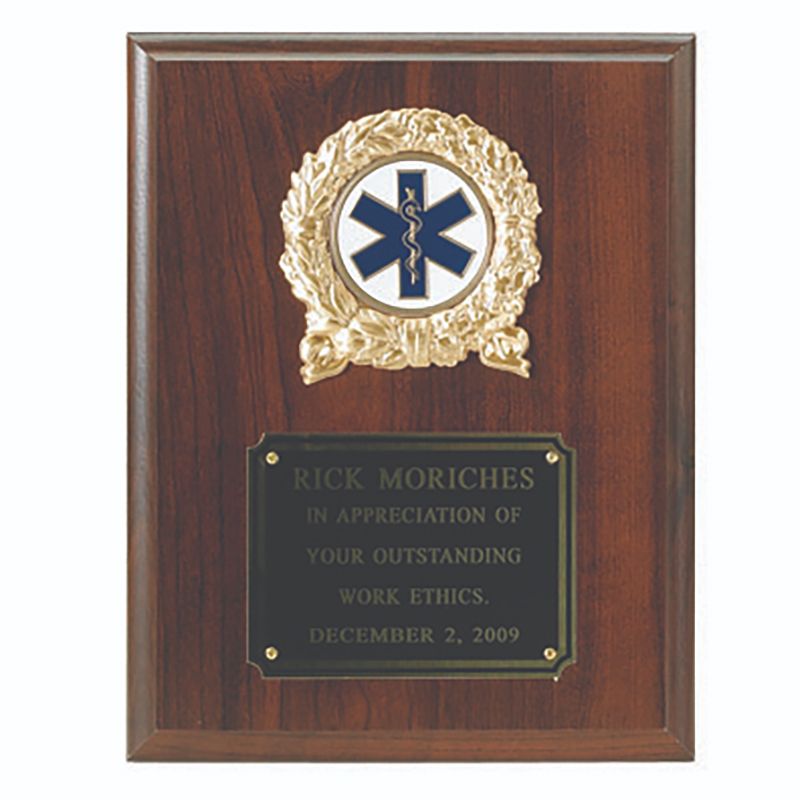 7 x 9 Inch Walnut Plaque with Black Plate and Gold Wreath-Takes 2 Inch Insert