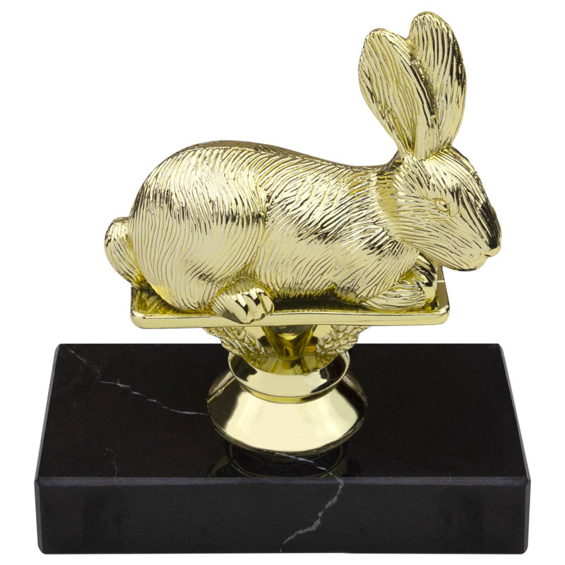 5-1/2 INCH RABBIT ANIMAL GOLD TROPHY ON BLACK MARBLE BASE