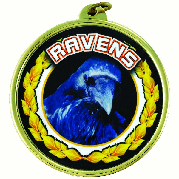 2-1/4 Inch in Diameter Round 'Ravens' Themed Gold and Mylar Medal with Customizable Back