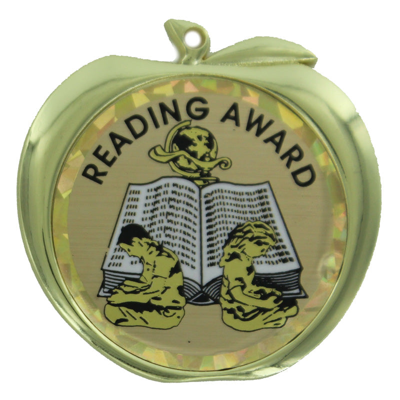 2-1/2 Inch Reading Award Themed Apple Medal in Gold