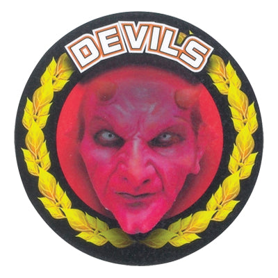 2 Inch in Diameter Round Red 'Devils' Themed Gold and Mylar Sports Insert