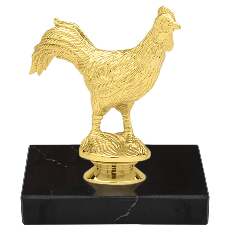 5-3/4 INCH ROOSTER ANIMAL GOLD TROPHY ON BLACK MARBLE BASE