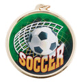2-1/4 Inch in Diameter Round Soccer Themed Gold Sports Medal with Mylar Detailing and Customizable Back