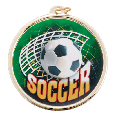 2-1/4 Inch in Diameter Round Soccer Themed Gold Sports Medal with Mylar Detailing and Customizable Back
