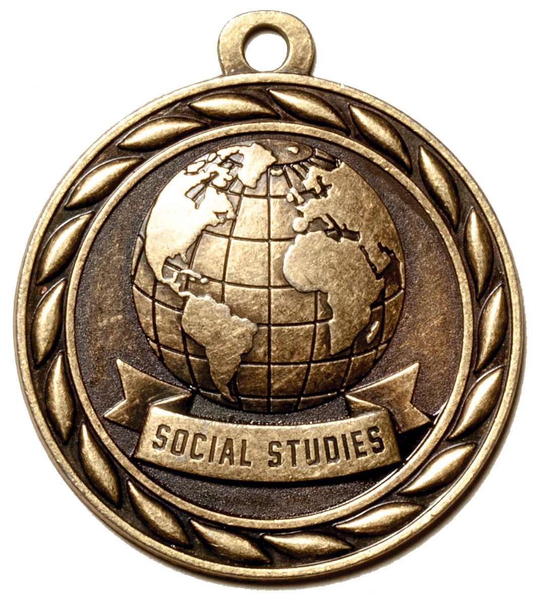 Metal 2-Inch in Diameter Round Social Studies Medal with Customizable Back in Antique Brass