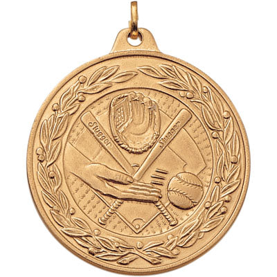 2 Inch Die-Struck Softball Themed Medal with Antique Finish in Gold, Silver, or Bronze