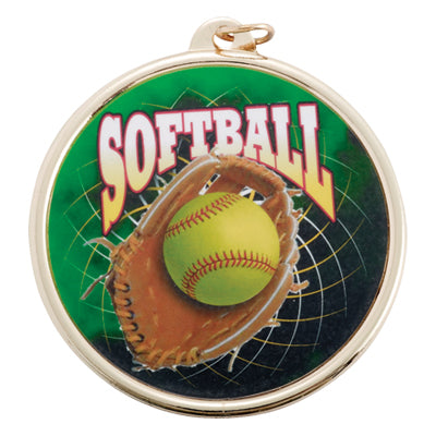 2-1/4 Inch in Diameter Round Softball Sports Medal in Gold and Mylar with Customizable Back